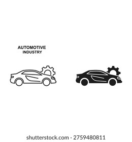 Clean vector icons representing automotive industry concepts. Features a car silhouette with a gear cog, ideal for technology, manufacturing, or automotive business presentations and web design.