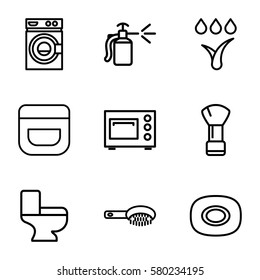clean vector icons. Set of 9 clean outline icons such as soap, hair brush, shaving brush, cream, washing machine, toilet, spray bottle, microwave