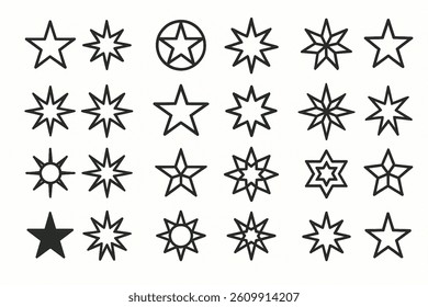 A clean vector illustration of 20 unique black star icons
