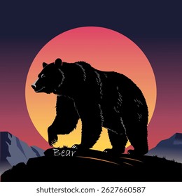 A clean vector illustration of a bear silhouette in front of a full moon, ideal for printing, engraving, t-shirt design, camping graphics, and outdoor-themed projects. Fully editable EPS format for sc