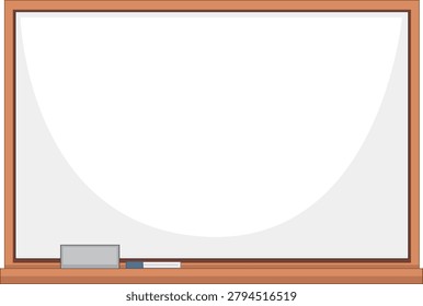 Clean vector illustration of a blank whiteboard with wooden frame, eraser, and blue marker