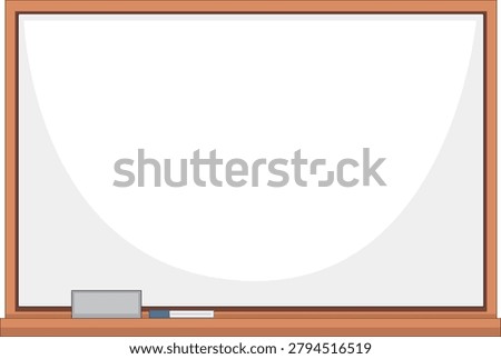 Clean vector illustration of a blank whiteboard with wooden frame, eraser, and blue marker