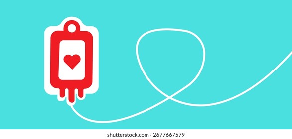 Reine Vektorgrafik einer Blutspendetasche mit einem Herz auf Teal-Hintergrund. Perfekt für Websites, Broschüren und Präsentationen im Gesundheitswesen. Minimalistisches und modernes Design