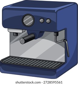 A clean vector illustration of a blue espresso machine with steam wand and portafilter