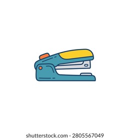 A clean, vector illustration of a blue and yellow stapler, a common office supply, presented on a white background.
