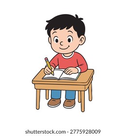 A clean vector illustration of a boy writing homework for school, symbolizing education, learning, focus, and growth. Perfect for school materials, apps, websites, educational content, and digital or print projects. Minimal and relatable design suitable for modern and academic creative applications.