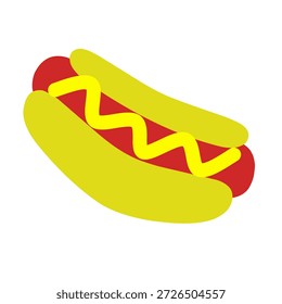 Saubere Vektorgrafik eines klassischen Hot Dog, mit einer Wurst in einem Brötchen. Einfaches, buntes Design einzeln auf weißem Hintergrund, ideal für Menüs, Poster und Lebensmittelmarken.