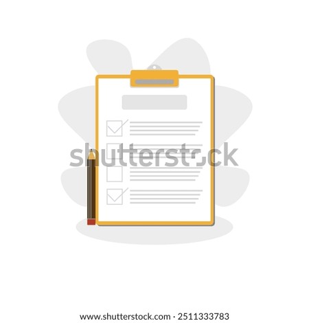 A clean vector illustration of a clipboard with a checklist and pencil. The checklist has multiple lines, with some boxes ticked, and the pencil rests against the clipboard. The background is white