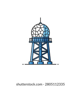 A clean vector illustration of a communication or weather radar tower. The design features a blue geodesic dome mounted on a sturdy metal lattice structure with a surrounding platform. This flat-style graphic represents technology, telecommunications, and meteorological monitoring.