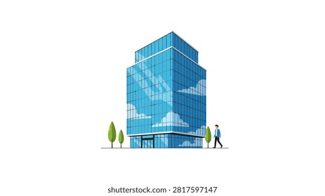 A clean vector illustration of a contemporary multi-story glass skyscraper reflecting a cloudy sky. A businessman in a suit walks past the entrance, flanked by small green trees on a white background. This minimalist design represents corporate business, urban architecture, and professional environments.