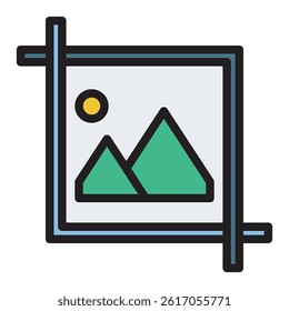 A clean, vector illustration of a crop tool icon, featuring a landscape graphic inside the crop frame. The image is depicted in black and white.