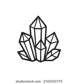 A clean vector illustration of a crystal cluster in a simple black outline on a white background perfect for spiritual wellness and decor designs.
