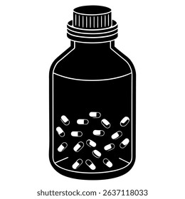 A clean, vector illustration depicts a simple silhouette of a medicine bottle filled with pills, signifying health and treatment. 