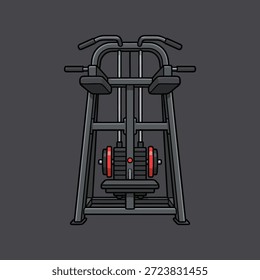 A clean, vector illustration of a dip station weight machine with a weight stack, isolated on a dark gray background.