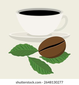 Uma ilustração vetorial limpa com uma xícara de café com um pires, um grão de café torrado e folhas de café verde. Ideal para menus, embalagens, marca de café e materiais promocionais.