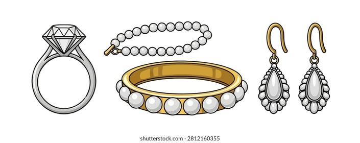 A clean vector illustration featuring a collection of luxury jewelry items on a white background. The set includes a classic silver diamond engagement ring, a delicate pearl necklace, a gold bangle adorned with large pearls, and a pair of elegant pearl drop earrings.