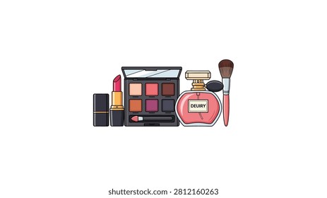 A clean vector illustration featuring essential beauty products including a pink lipstick, a six-color eyeshadow palette with applicator, a bottle of pink perfume with an atomizer, and a large makeup brush. The items are arranged horizontally against a plain white background, perfect for beauty and fashion-related designs.