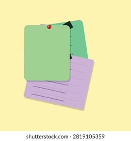 A clean vector illustration featuring green and purple sticky notes secured by a red push pin. The soft yellow background adds warmth making this design suitable for school supplies marketing or orga
