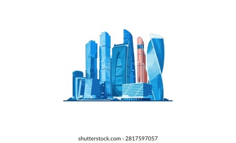 A clean vector illustration featuring the iconic skyscrapers of the Moscow International Business Center. The artwork showcases modern architectural designs like the spiral Evolution Tower and the copper-toned Mercury City Tower against a minimalist white background. The color palette is dominated by various shades of blue, emphasizing a professional and futuristic urban atmosphere.