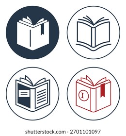 Uma ilustração vetorial limpa com vários ícones de livro abertos em emblemas circulares. Perfeito para projetos educacionais, plataformas de e-learning, marcas de bibliotecas, logotipos de lojas de livros, campanhas de leitura.