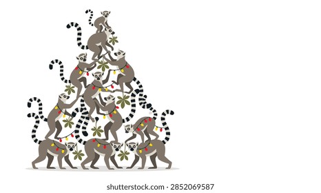 A clean vector illustration featuring multiple ring-tailed lemurs positioned in a triangular formation resembling a holiday tree. The lemurs are wearing strings of red, yellow, and blue Christmas lights. They are surrounded by small green leaves against a plain white backdrop with ample copy space.