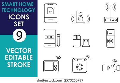 A clean vector illustration featuring nine smart home technology icons with editable stroke. Minimalist, black line art on a white background, emphasizing devices like cameras, speakers, and remotes