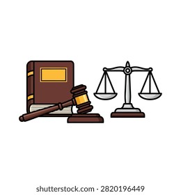A clean vector illustration featuring the primary symbols of law and order. It includes a thick brown law book, a wooden judge's gavel with a sound block, and a silver scale of justice. The elements are presented in a flat, outlined style against a solid white background, suitable for legal and judicial concepts.