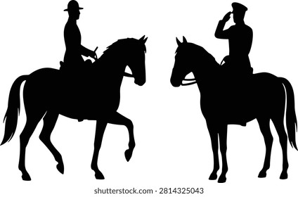 A clean vector illustration featuring silhouettes of a mounted guard and a military officer saluting on horseback. This commercial-grade graphic is ideal for official ceremonies, national memorial designs, historical pageants, and patriotic decorations.