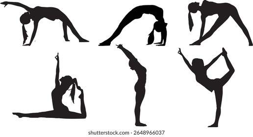 A clean vector illustration featuring six silhouette figures performing various yoga poses, emphasizing balance, flexibility, and wellness. Ideal for use in fitness-related content, wellness blogs etc
