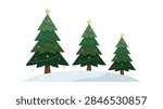 A clean vector illustration featuring three stylized green Christmas trees of varying heights. Each tree is adorned with multi-colored round ornaments and topped with a golden star, set against a white background on a snowy ground base.