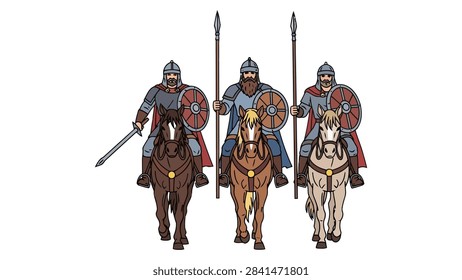 A clean vector illustration featuring three medieval warriors mounted on horses. The central figure holds a long spear and a round shield, while the flanking riders carry a sword and a spear respectively. Each warrior is equipped with a helmet, armor, and a cape, riding horses of different colors against a plain white background.