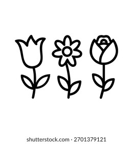 A clean vector illustration featuring a tulip, daisy, and rose in simple black outline style. Perfect for modern design projects, icons, or decorative elements.