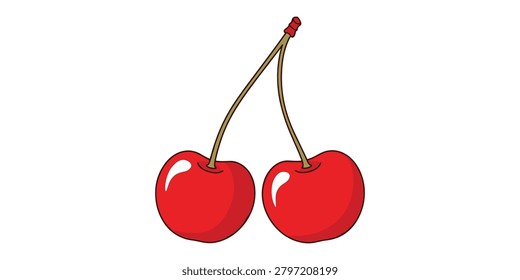 A clean vector illustration featuring two glossy red cherries attached to a single stem, showcasing highlights and vibrant color