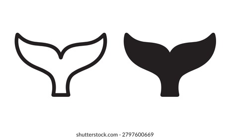 A clean vector illustration featuring two whale tail icons, one in outline and one in solid silhouette.