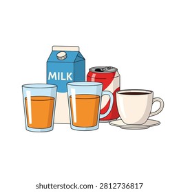 A clean vector illustration featuring a variety of common beverages including a blue milk carton, a red soda can, a white coffee cup on a saucer, and two glasses of orange juice. The items are arranged together on a plain white background, representing a range of drink options from morning coffee to refreshing juice and soda.