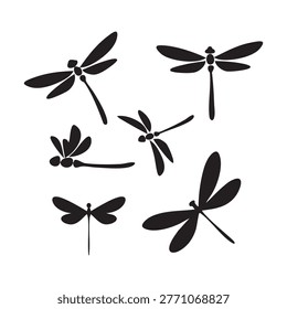 A clean vector illustration of a flying dragonfly silhouette, perfect for nature, insect, wildlife, and environmental-themed designs. Ideal for logos, posters, tattoos, educational materials, and digital or print projects. Minimal and elegant design suitable for modern and creative applications.