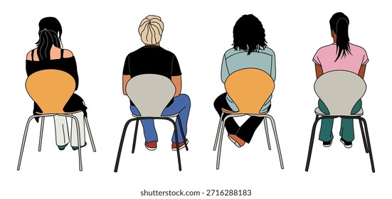 Clean vector illustration of four people seated on curved orange modern chairs, viewed from behind on a white background.