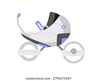 Clean vector illustration of a gray baby pram with bassinet, canopy, handle, and large wheels, isolated for newborn and nursery design.