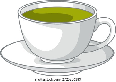 Una Ilustración vectorial limpia de té verde en una taza de cerámica blanca y un juego de platillos