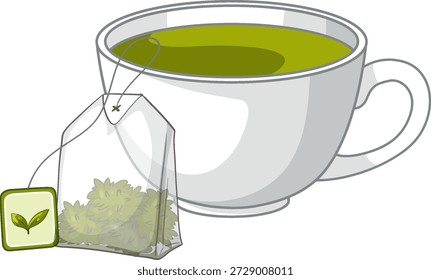 Uma ilustração vetorial limpa de chá verde em uma xícara branca com um saco de chá