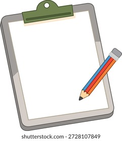 Uma ilustração vetorial limpa de uma área de transferência cinza segurando papel branco com um lápis