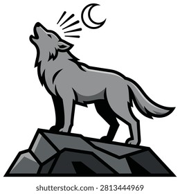 A clean vector illustration of a grey wolf standing on a jagged rocky peak, looking upward and howling at a crescent moon. This versatile graphic features bold outlines and simplified shading, making it perfect for sports team mascots, outdoor lifestyle branding, wildlife conservation logos, t-shirt prints, or adventure-themed creative designs