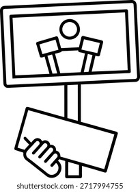 Ilustração vetorial limpa de uma mão segurando um sinal em branco ao lado de um placar. Perfeito para publicidade, anúncios ou exibição de pontuações de jogos. Facilmente personalizável para suas necessidades. Ideal para sites, apresentações e muito mais.