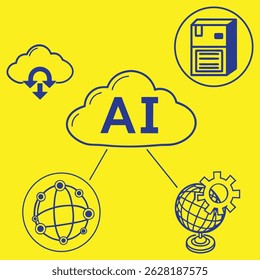 Una Ilustración vectorial limpia que destaca el análisis de datos impulsado por la IA. Cuenta con microchips, gráficos, gráficos, computación en la nube y conexiones de red, que simbolizan la innovación digital y la tecnología inteligente.