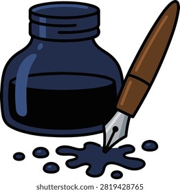 Clean vector illustration of an ink bottle with a fountain pen nib and spilled ink, isolated on a white background. Ideal for writing, calligraphy, stationery, education, publishing, and creative desi