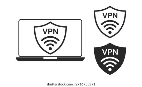 Una Ilustración vectorial limpia de una computadora portátil con un ícono de escudo con el texto VPN y una señal inalámbrica. Representa la privacidad digital y la seguridad cifrada de Internet.