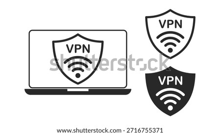 A clean vector illustration of a laptop featuring a shield icon with the text VPN and a wireless signal. It represents digital privacy and encrypted internet security.