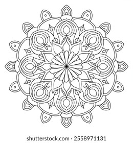 A clean vector illustration of a mandala design with symmetrical and balanced patterns radiating from a central point 