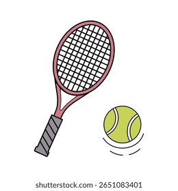 A clean vector illustration of a maroon tennis racket with black strings and a gray grip, accompanied by a bouncing green-yellow tennis ball. Perfect for sports or gaming-themed designs.