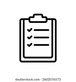 A clean vector illustration of a medical checklist with a clipboard and checkmarks in an outlined style. Ideal for healthcare, hospitals, patient records, diagnostics, and medical reports.